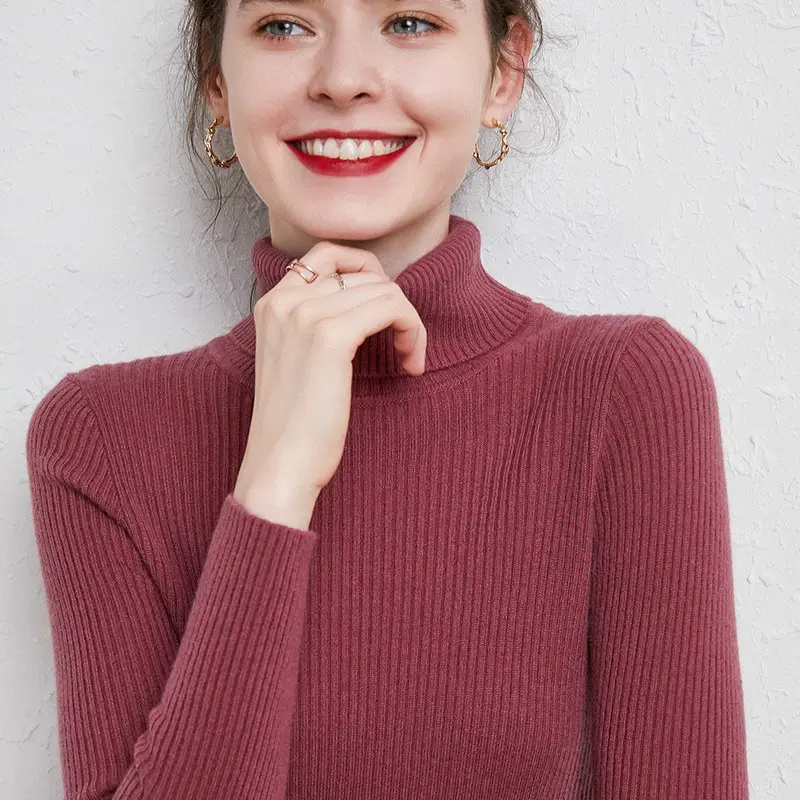 Women's Black High Collar Slim Ribbed Knit Sweater - Image 15