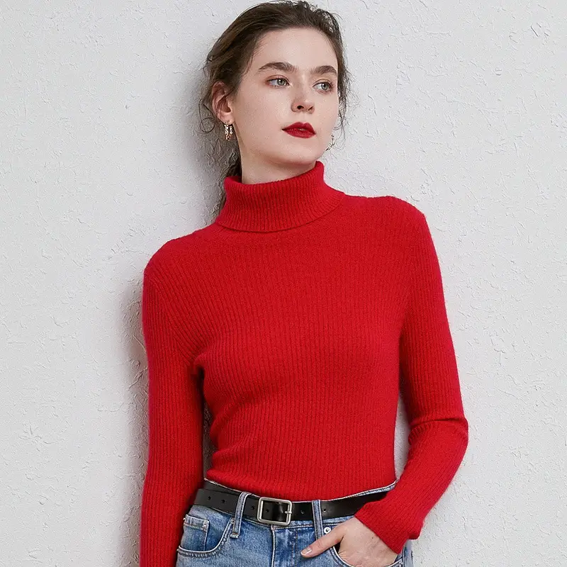 Women's Black High Collar Slim Ribbed Knit Sweater - Image 16