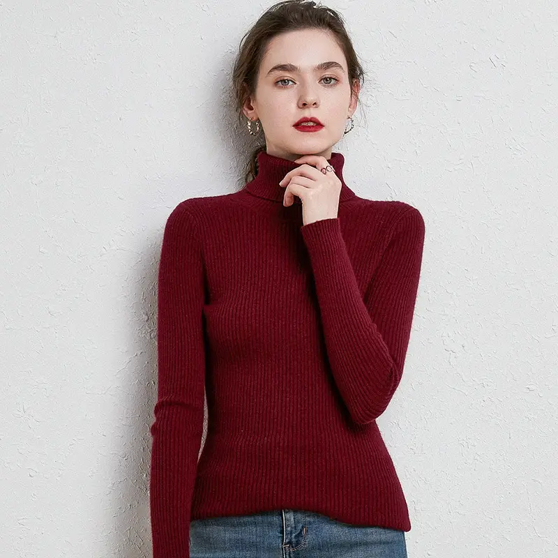 Women's Black High Collar Slim Ribbed Knit Sweater - Image 17