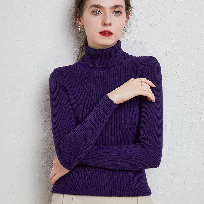 Women's Black High Collar Slim Ribbed Knit Sweater - Image 18