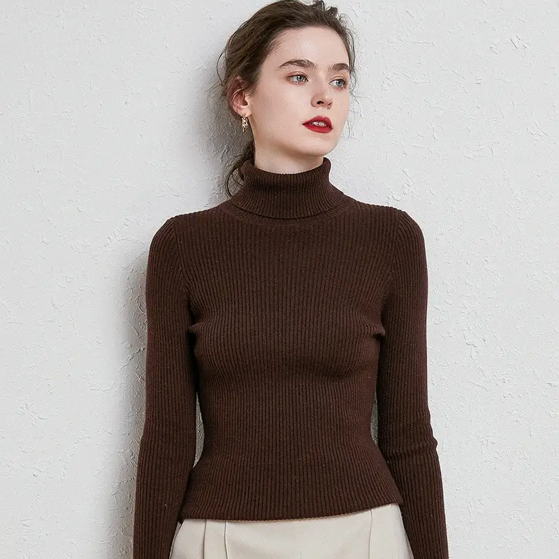 Women's Black High Collar Slim Ribbed Knit Sweater - Image 19