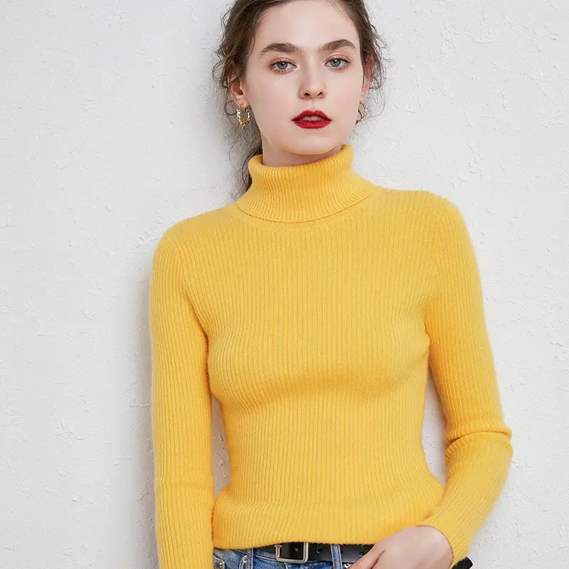 Women's Black High Collar Slim Ribbed Knit Sweater - Image 2