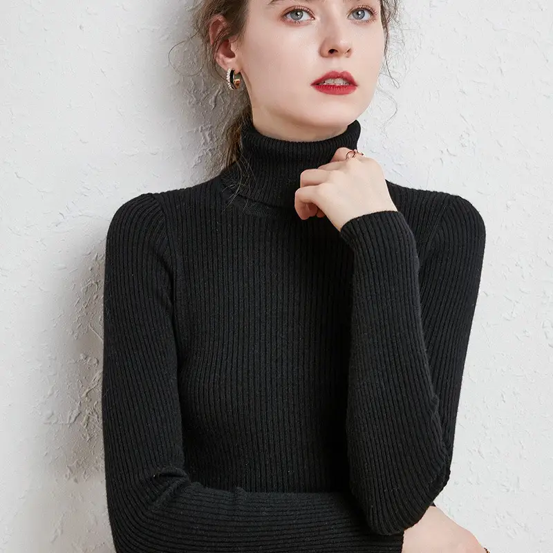 Women's Black High Collar Slim Ribbed Knit Sweater - Image 3