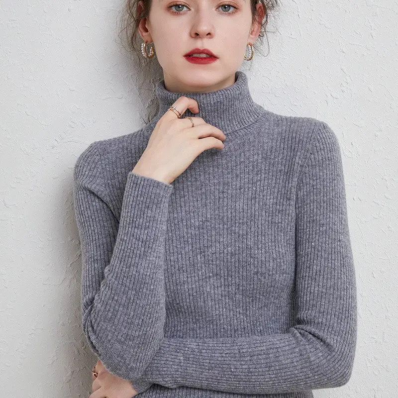 Women's Black High Collar Slim Ribbed Knit Sweater - Image 5