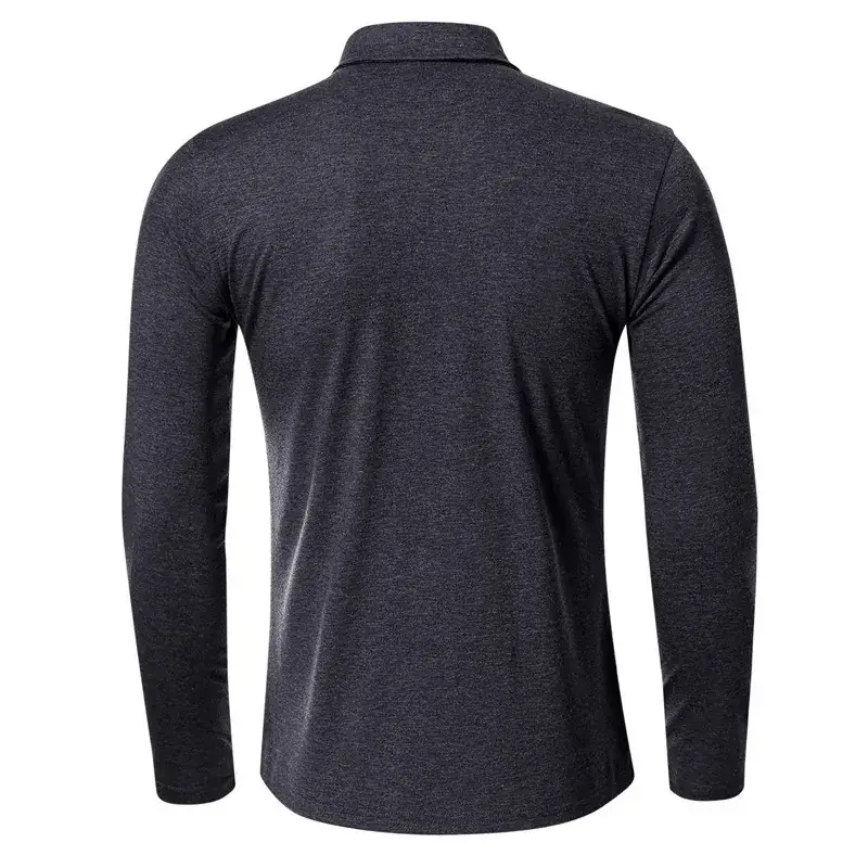 Men Long Sleeve Polo Shirt Gray Button Collar - Image 7
