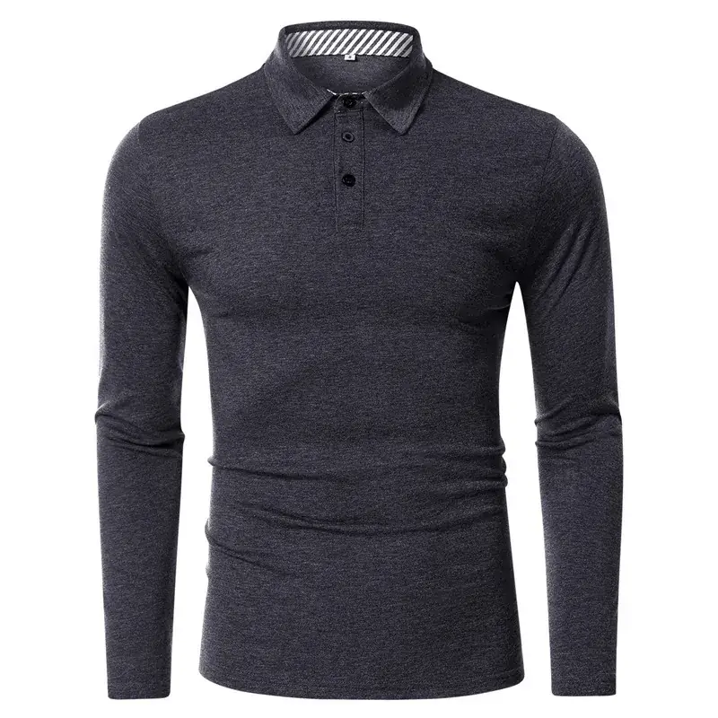 Men Long Sleeve Polo Shirt Gray Button Collar - Image 4
