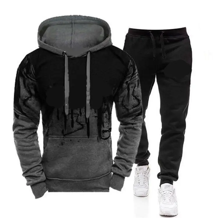 Men Hooded Splash Ink Printed Sweatpants Set Black White