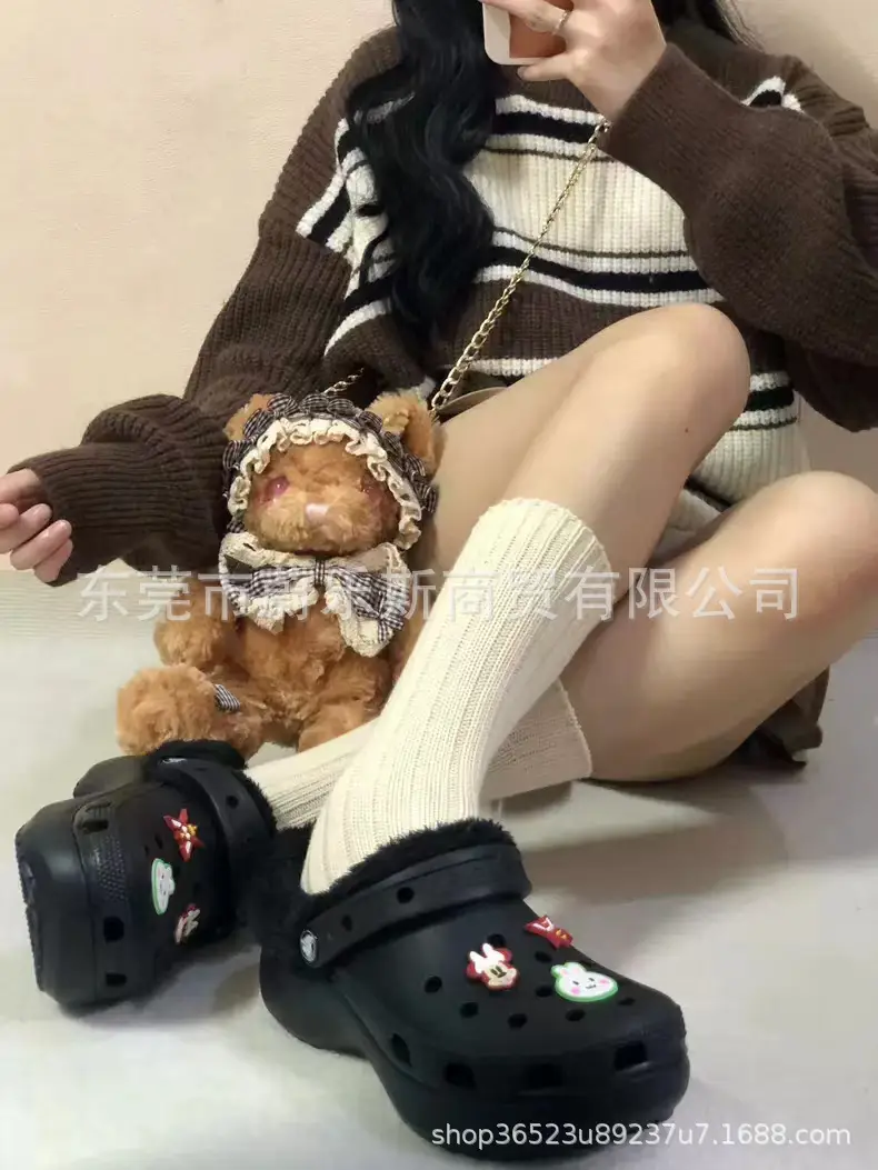 Autumn and Winter Clogs with Cotton Lining, Fleece Inner Lining, and Removable Shoelaces, Flat and High-Heeled Clogs Specifically for Terlin — feature 14