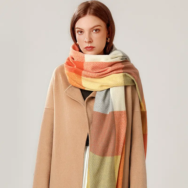 Women's Plaid Cashmere Scarf Red Grey Tassels - Image 8