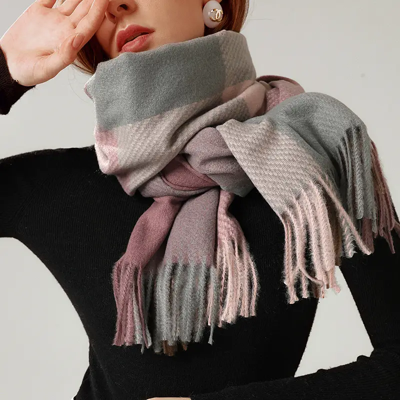 Women's Plaid Cashmere Scarf Red Grey Tassels - Image 9