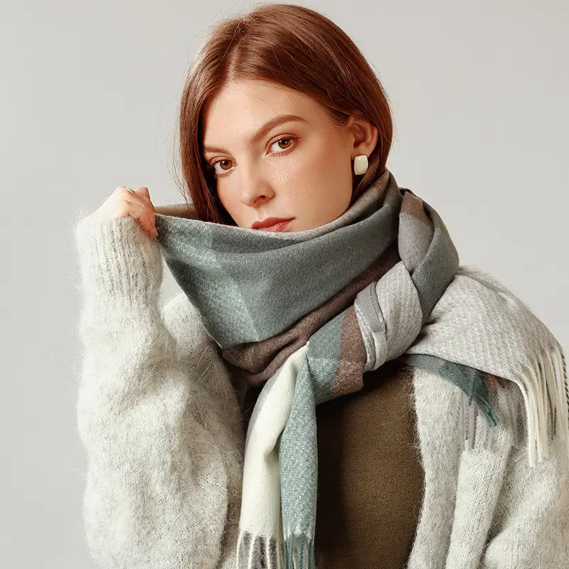 Women's Plaid Cashmere Scarf Red Grey Tassels - Image 10