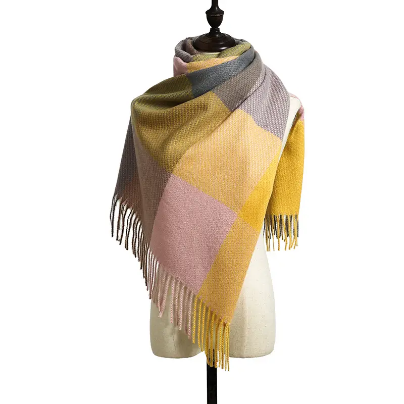 Women's Plaid Cashmere Scarf Red Grey Tassels - Image 5