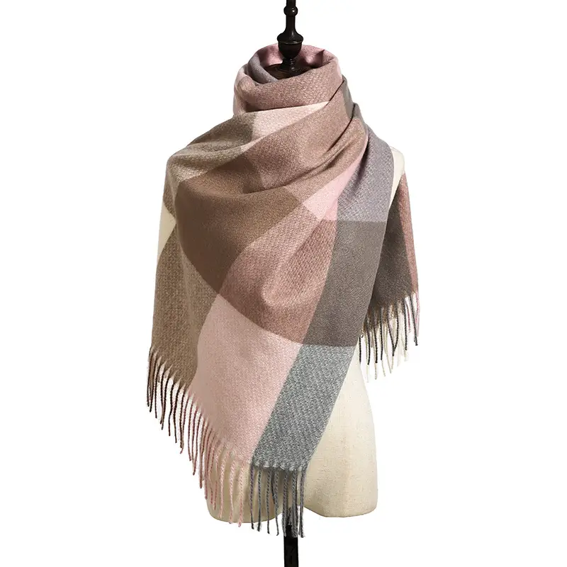 Women's Plaid Cashmere Scarf Red Grey Tassels - Image 2