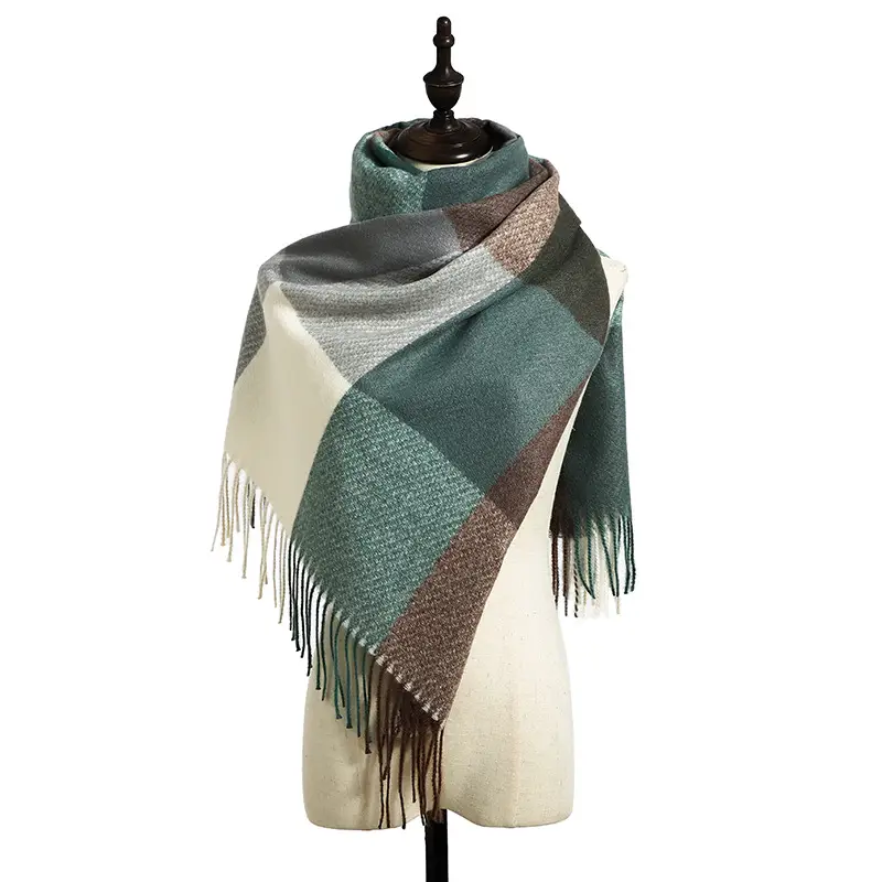 Women's Plaid Cashmere Scarf Red Grey Tassels - Image 3