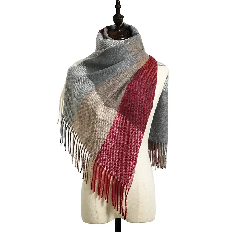 Women's Plaid Cashmere Scarf Red Grey Tassels - Image 4
