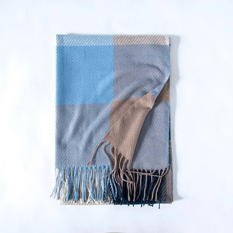 Women's Plaid Cashmere Scarf Red Grey Tassels - Image 6