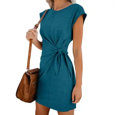 Women's Teal Cross-Twisted Crew Neck Dress