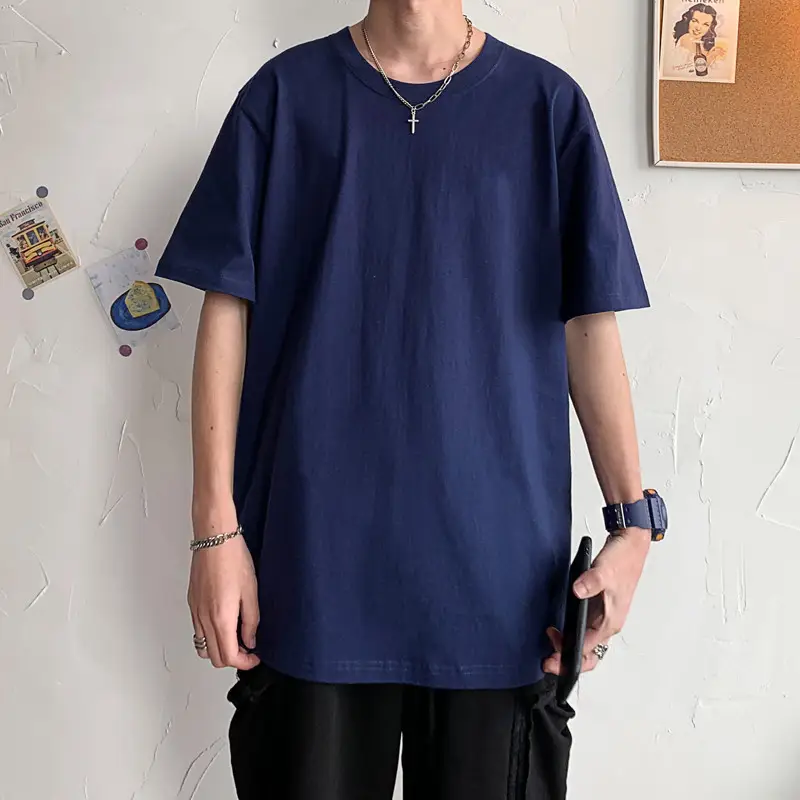 Men Blue Cotton T-Shirt Loose Fit Half Sleeve