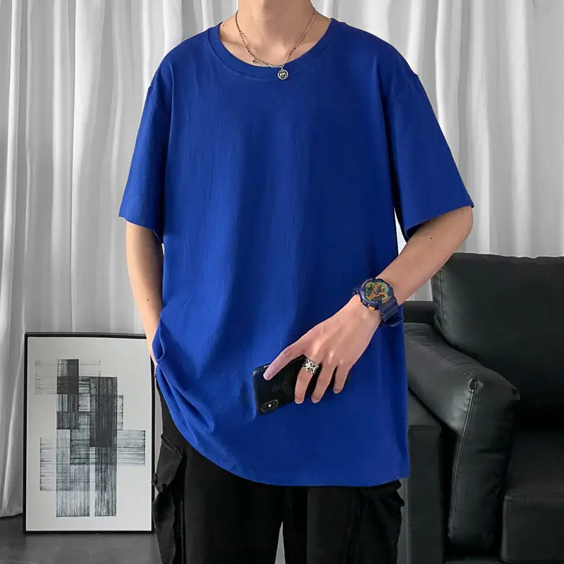 Men Blue Cotton T-Shirt Loose Fit Half Sleeve
