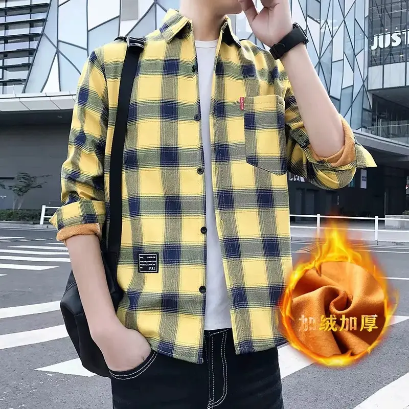 Men Plaid Fleece Shirt Warm Long Sleeve Large - Image 5