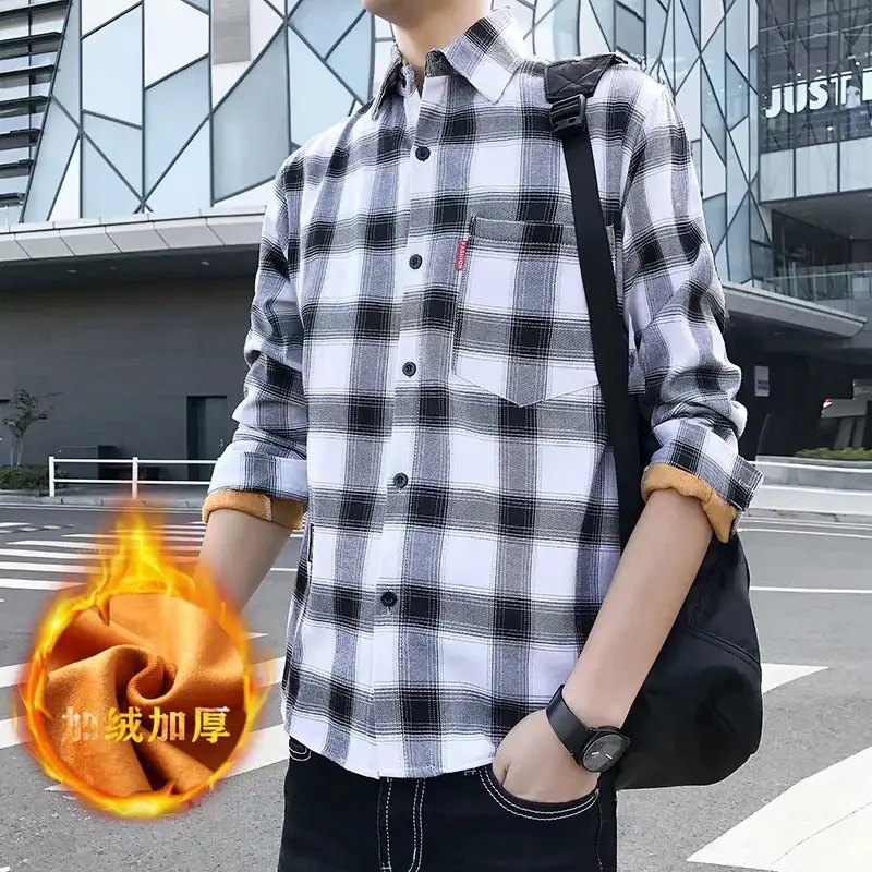 Men Plaid Fleece Shirt Warm Long Sleeve Large - Image 6