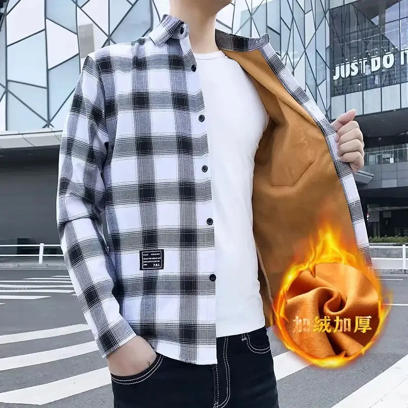 Men Plaid Fleece Shirt Warm Long Sleeve Large - Image 7