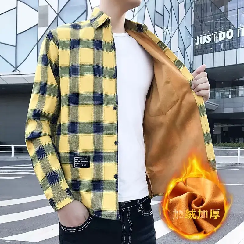 Men Plaid Fleece Shirt Warm Long Sleeve Large - Image 2