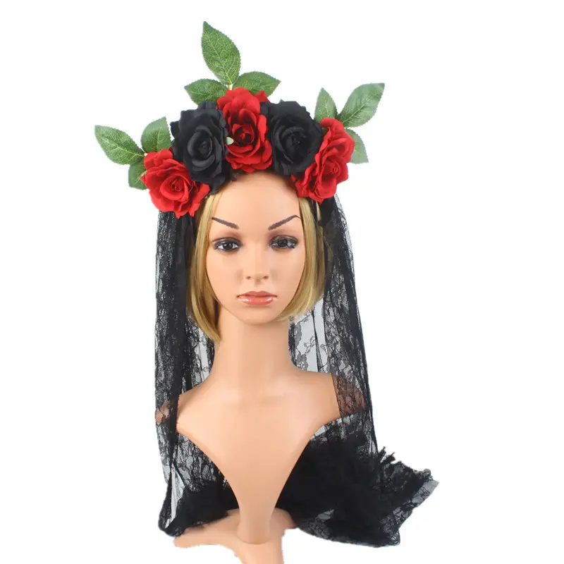 Black Lace Ghost Party Headband with Red Roses - Image 5