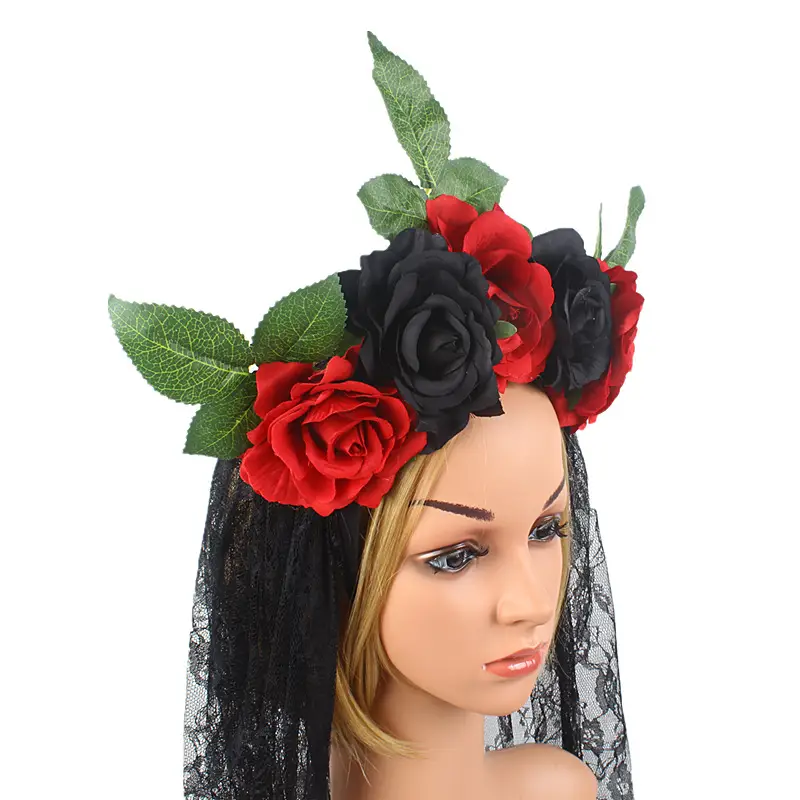 Black Lace Ghost Party Headband with Red Roses — feature 12