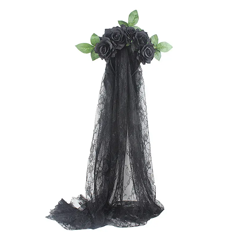 Black Lace Ghost Party Headband with Red Roses — feature 13