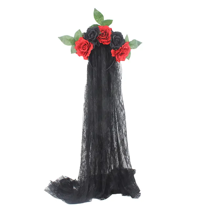 Black Lace Ghost Party Headband with Red Roses — feature 14