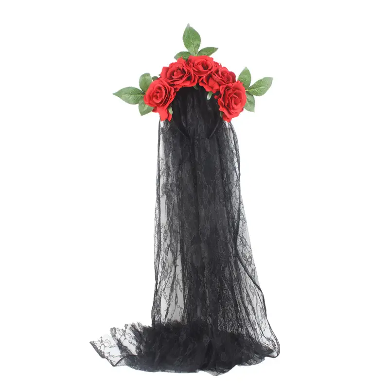 Black Lace Ghost Party Headband with Red Roses — feature 15