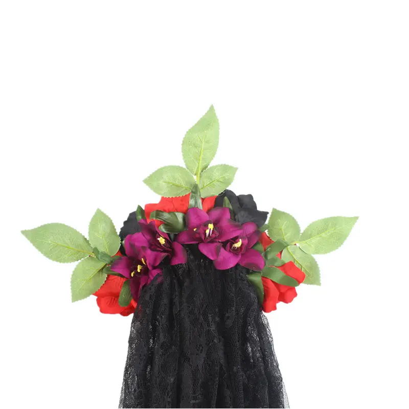 Black Lace Ghost Party Headband with Red Roses — feature 16