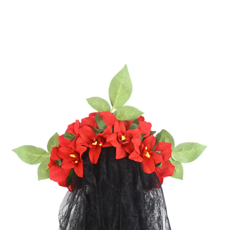 Black Lace Ghost Party Headband with Red Roses — feature 17