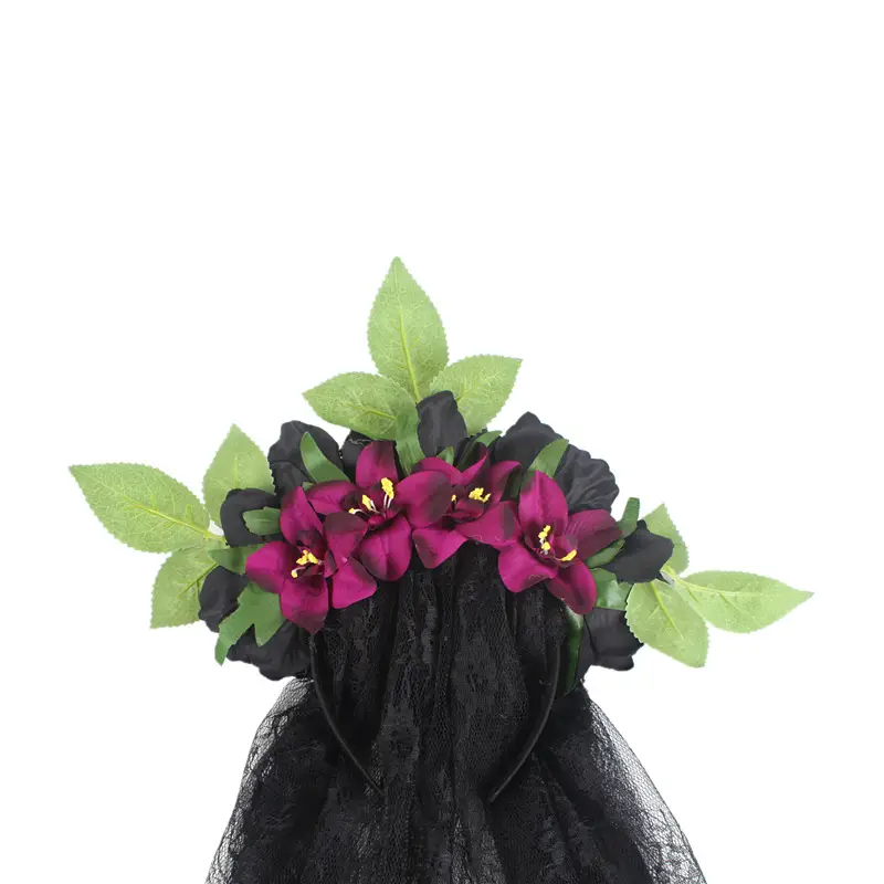 Black Lace Ghost Party Headband with Red Roses — feature 18