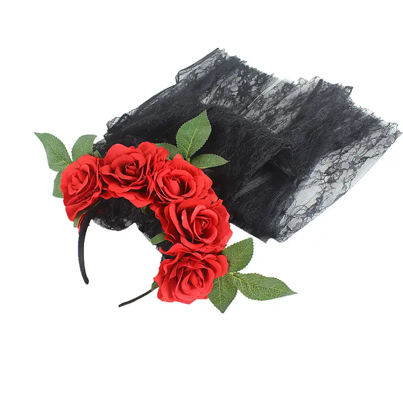 Black Lace Ghost Party Headband with Red Roses — feature 21