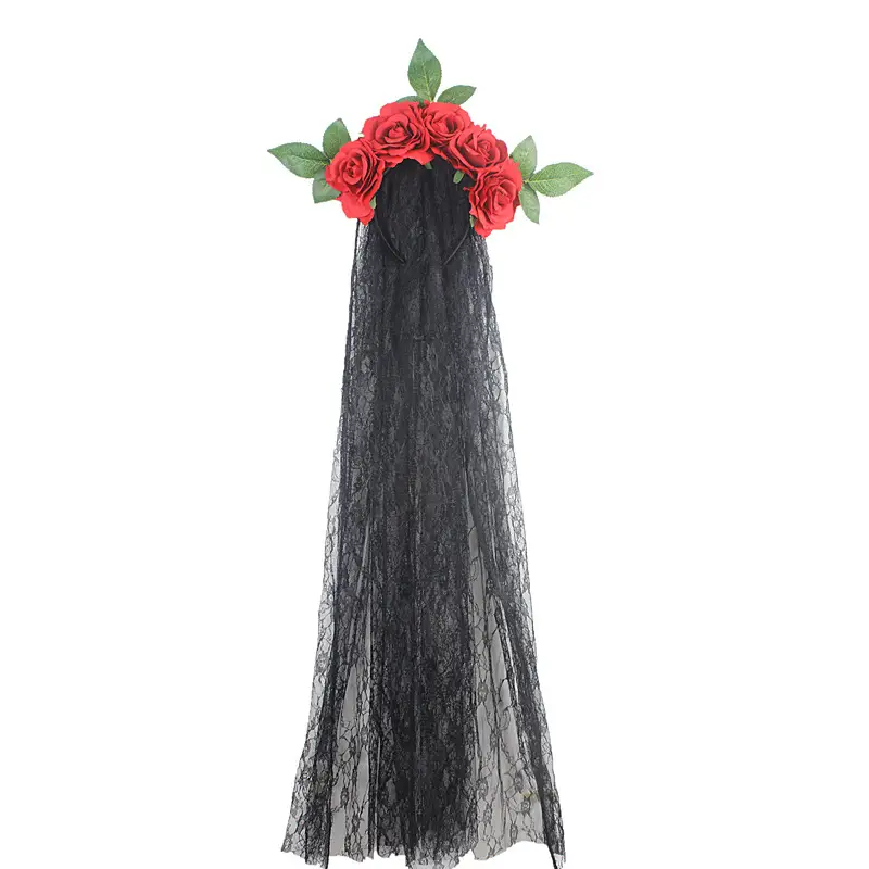 Black Lace Ghost Party Headband with Red Roses — feature 23
