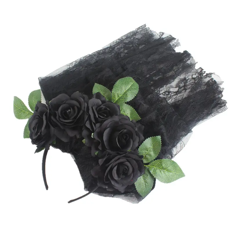 Black Lace Ghost Party Headband with Red Roses - Image 2
