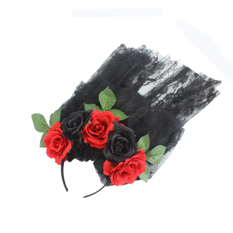 Black Lace Ghost Party Headband with Red Roses - Image 3