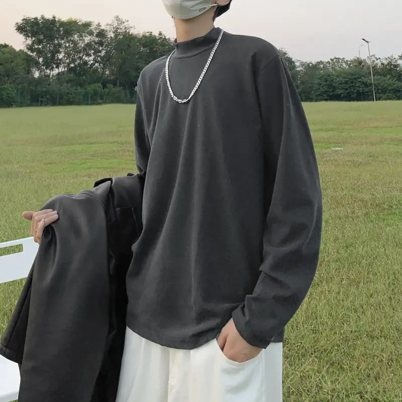 Men Black Long Sleeve T-Shirt with Half Collar Winter Warmth