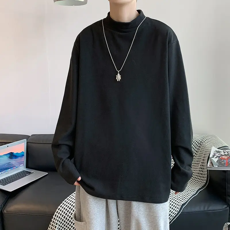 Men Black Long Sleeve T-Shirt with Half Collar Winter Warmth