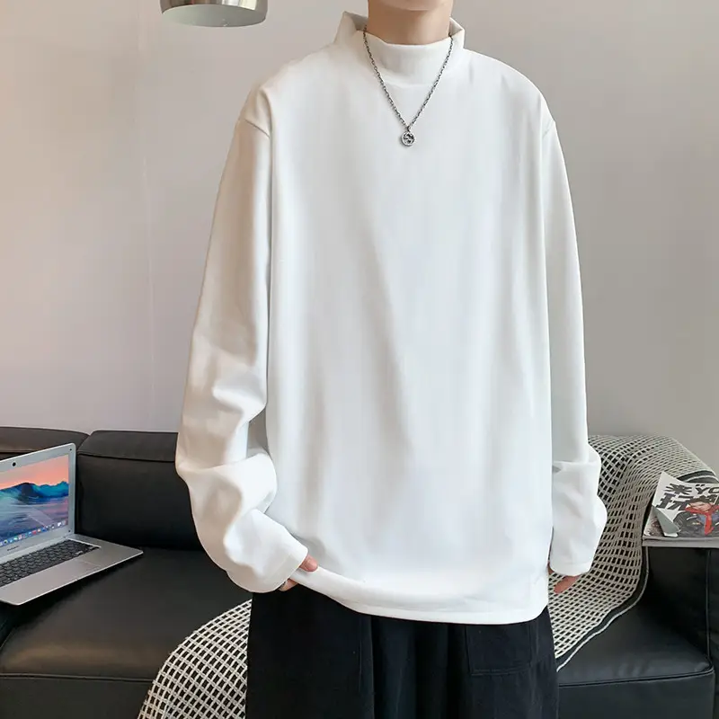 Men Black Long Sleeve T-Shirt with Half Collar Winter Warmth