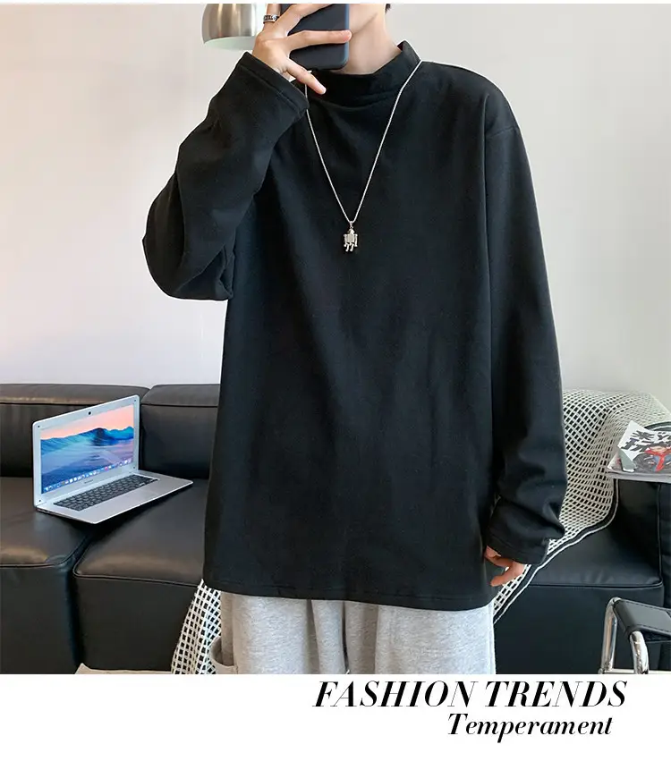 Men Black Long Sleeve T-Shirt with Half Collar Winter Warmth — feature 6