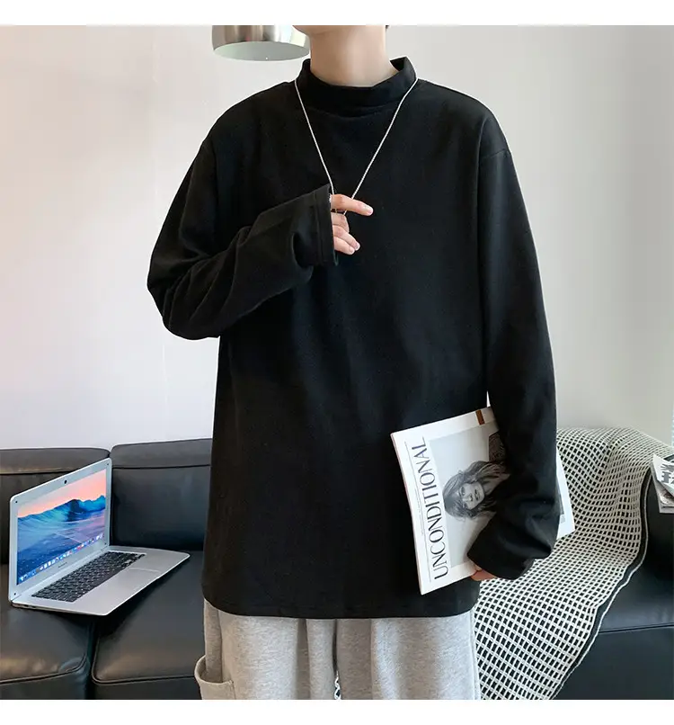 Men Black Long Sleeve T-Shirt with Half Collar Winter Warmth — feature 7