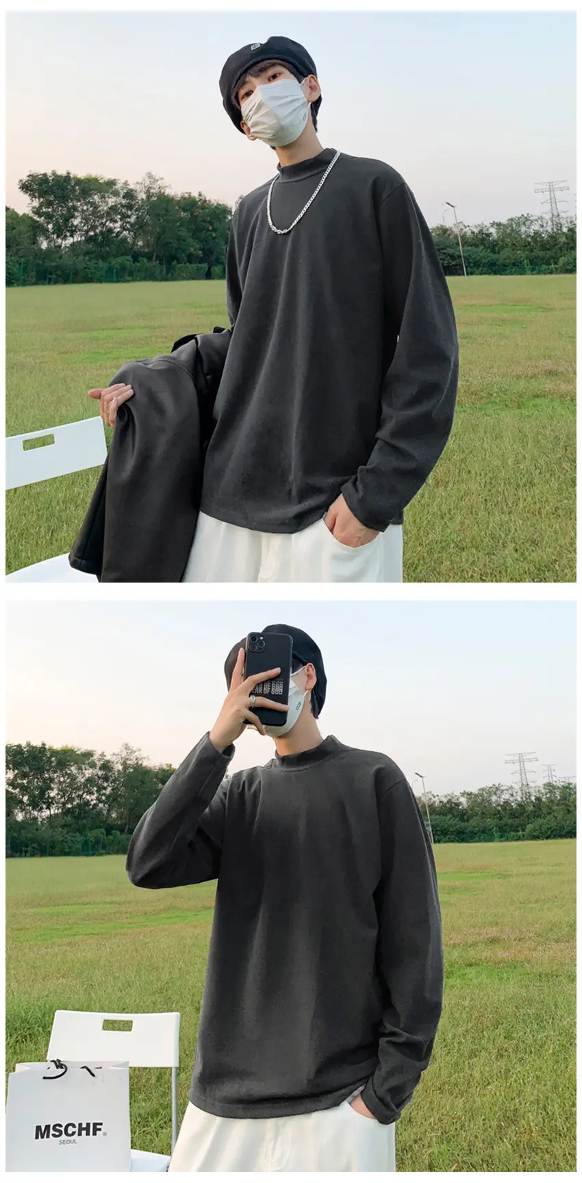 Men Black Long Sleeve T-Shirt with Half Collar Winter Warmth — feature 8