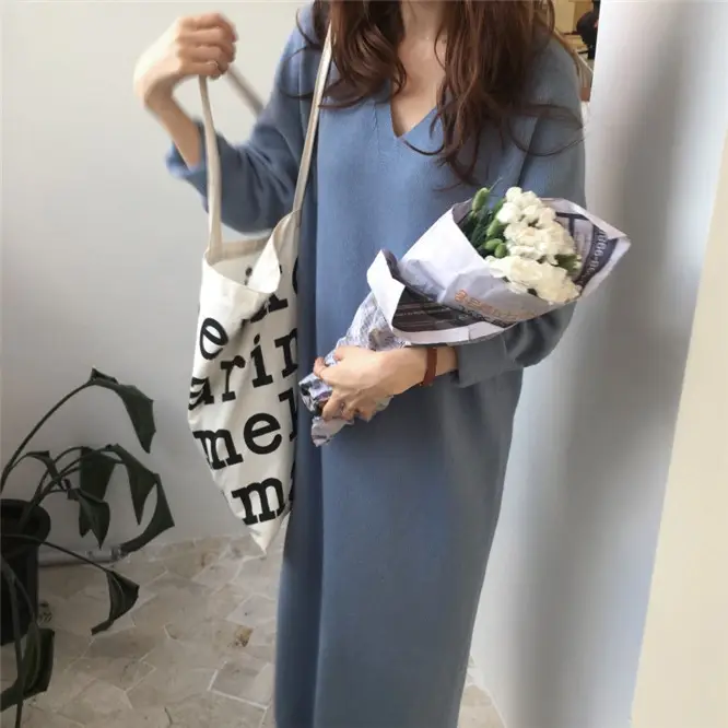 Korean Style Slim V Neck Knitted Dress Brown Long Coat - Image 9