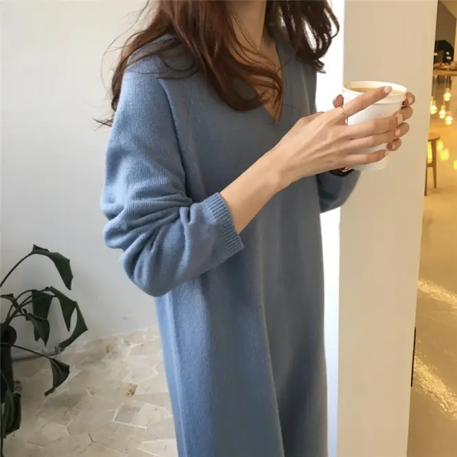 Korean Style Slim V Neck Knitted Dress Brown Long Coat — feature 13