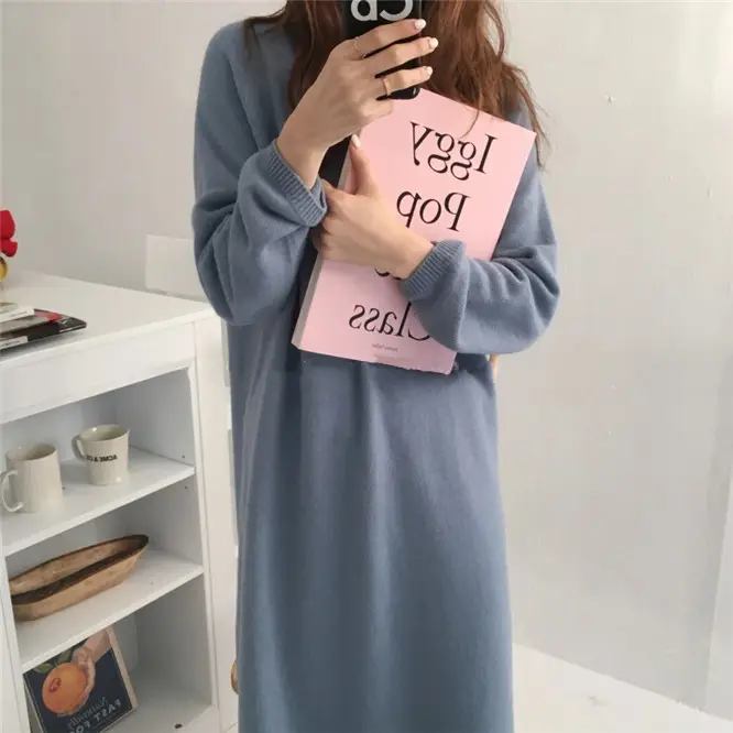 Korean Style Slim V Neck Knitted Dress Brown Long Coat — feature 15