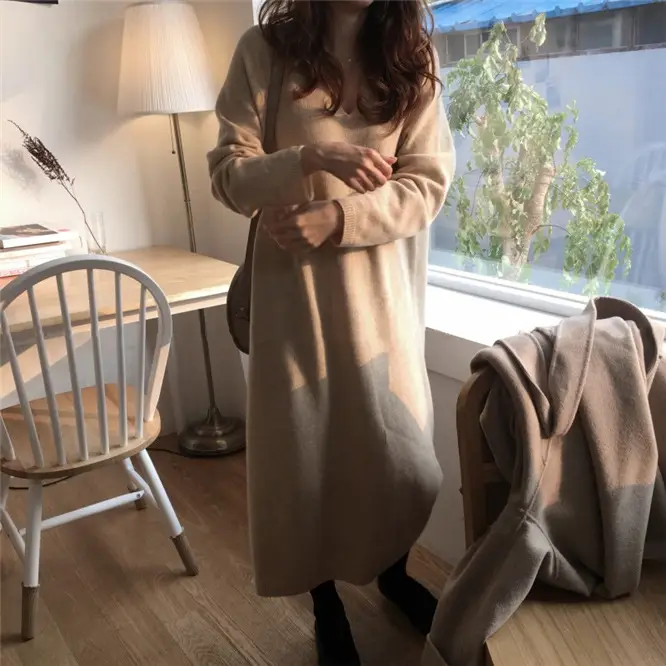Korean Style Slim V Neck Knitted Dress Brown Long Coat — feature 17