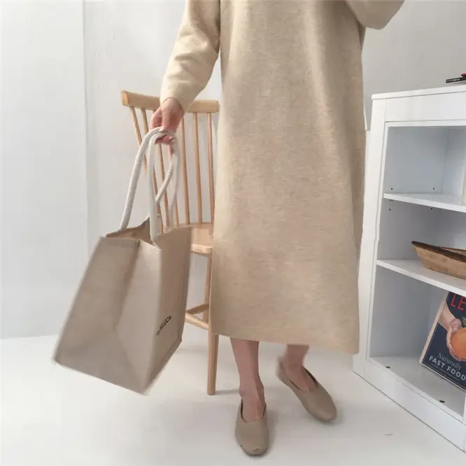 Korean Style Slim V Neck Knitted Dress Brown Long Coat — feature 18